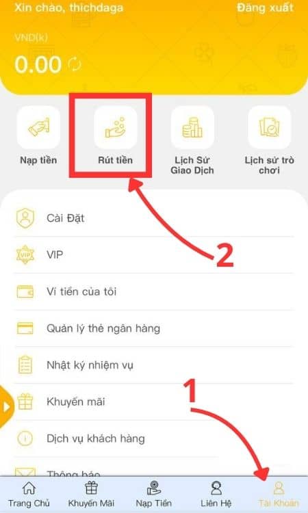 Chọn mục Rút tiền